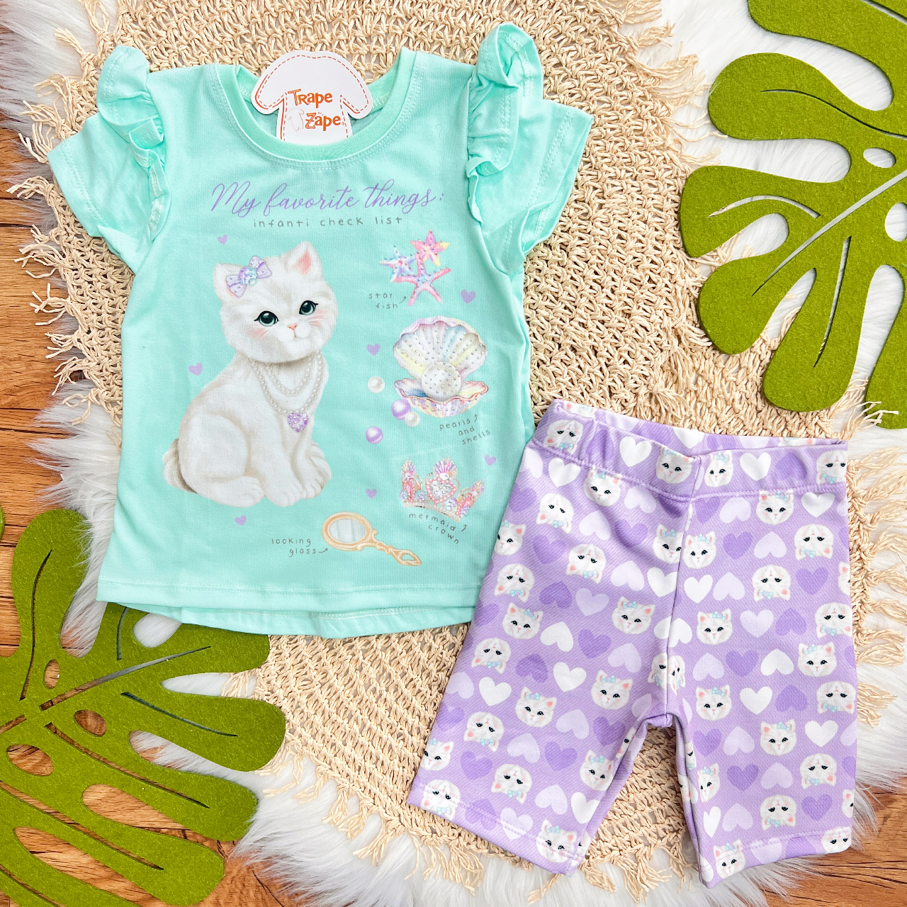 Conj. Blusa My Favorite Things e Short Gatinhas - Verde Água e Lilás